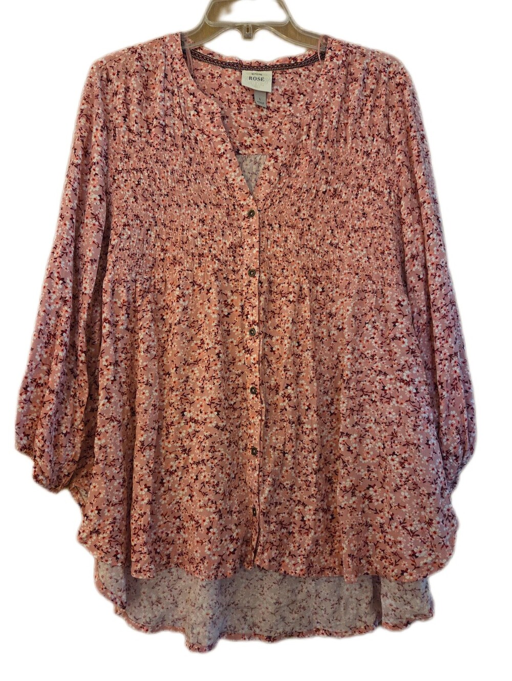 Knox Rose Floral Mauve Tunic V Neck Button Down Boho Size Large